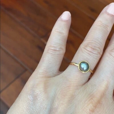14K Solid Yellow Gold Mini Black Mini Pearl Women Girl Ring Size 6.25 Minimalist - Image 1 of 4