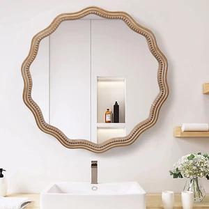 Espejo de pared ondulado redondo de madera de 24" para baño sala de estar espejo circular con marco de madera - Imagen 1 de 12