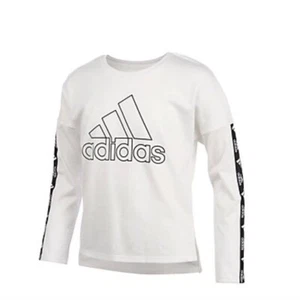 Adidas Girls Size L Shirt Long Sleeve Logo Graphic High Low T-Shirt White Black - Picture 1 of 4