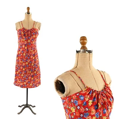 Vestido Grunge Vintage Años 90 Sin Mangas Cintura Imperio Poli Crepé Rojo Floral Verano M Foto 1 de 4