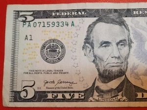 $5 Five Dollar Bill Serial Number PA07159334A Series 2017A - Picture 1 of 4