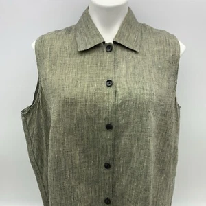 Flax Linen Shirt Tank Top Womens 2XL Gray Sleeveless Black Buttons Layering - Picture 1 of 12
