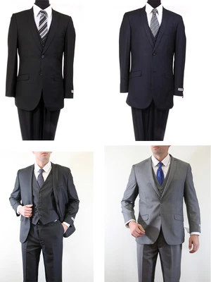 Pantalones de hombre de 2 botones de 3 piezas con solapa de muesca con solapa frontal plana corte ajustado traje Foto 1 de 4