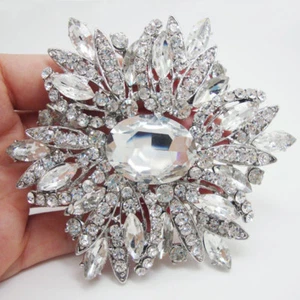 Silver Tone Gorgeous Flower Clear Rhinestone Crystal White Bride Brooch Pin - Picture 1 of 4