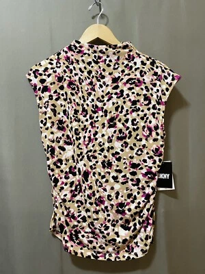 NWT DKNY Women Cap Sleeve Mock Neck Ruched Side Jersey Blouse SZ L Tan/Black Geo - Image 1 of 4