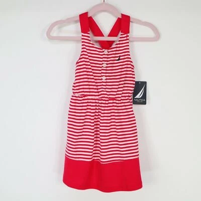Vestido sin mangas Nautica Niñas 3T NUEVO Rojo Blanco Rayas Algodón Jersey Logo Foto 1 de 4
