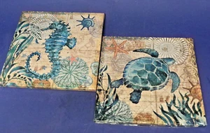 Arte de pared playa náutica tema caballo de mar y tortuga marina lienzo sobre madera 12" x 12" - Imagen 1 de 9