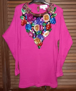 SEQUIN BLING FUSHIA PINK SWEATER BEADED BOW ACCENTS-SMALL-VILXI INTERNATIONAL - Picture 1 of 10