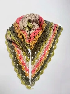 VINTAGE 70s HAND MADE Crochet Wool Shawl Granny lace knitting Green Salmon Scarf - Picture 1 of 3