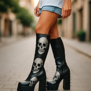 Stivali La Moda "Dolls Kill" Goth Platform neri al ginocchio teschi tacco a blocco - Foto 1 di 9