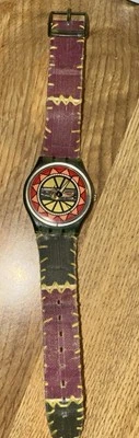 SWATCH Watch "Sina Nafasi" GG170 1996 Leather Strap Green Red 33mm *WORKS* - Image 1 of 4
