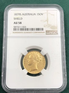 1879s Gold Queen Victoria Sovereign - Sydney Mint Shieldback - NGC - AU58 - Picture 1 of 6