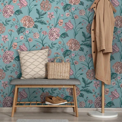 Papier Peint Floral Vert Sarcelle Amélie Hortensia Feuillage Rasch 260155 - Photo 1/4