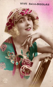 Portrait einer Frau mit Hut und Rosen Vintage RPPC B272 - Bild 1 von 2