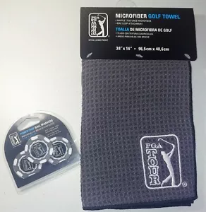 PGA Tour Microfiber Golf Towel gray AND Golf ball markers poker chip 3 pack NEW - Picture 1 of 11