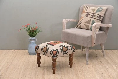Handcrafted Acacia Wood Stool with Decorative Kilim Upholstery | Elegant Footsto - Image 1 of 4