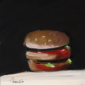 Arte de bodegón de hamburguesas firmado por Natalie Demenko pintura al óleo UCRANIA 8x8 - Imagen 1 de 12