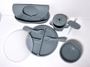 9 Piece Blue Toddler Silicone Dinner Set. Includes Bib, plate, cup, fork, spoon - Picture 1 of 6