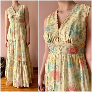 Vintage 70s Dress - Yellow Floral Cottagecore Maxi - Hippie Boho Cotton Prairie - Picture 1 of 10
