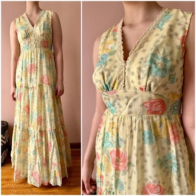 Vestido Vintage Años 70 - Amarillo Floral Cottagecore Maxi - Hippie Boho Algodón Pradera Foto 1 de 4