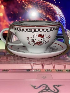 2023 Sanrio Hello Kitty Christmas Holiday Tea Cup Saucer Mug Set 12oz Candy Cane - Picture 1 of 20