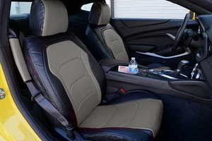 CHEVY CAMARO 2016- BLACK/GREY VINYL CUSTOM MADE FIT FRONT SEATCOVERS - Foto 1 di 4