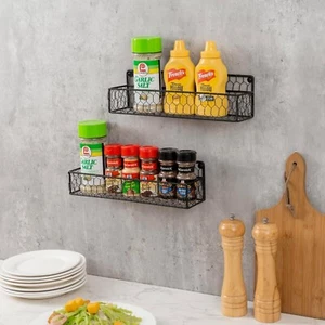Wall Mounted Black Metal Spice Rack Organizer Seasoning Hanging Racks, Set of 2 - Picture 1 of 7