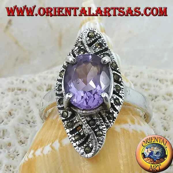 Anello in Argento 925‰ intreccio romboidale ametista ovale naturale e marcasite - Immagine 1 di 1