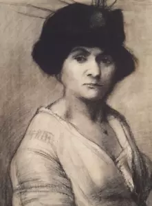 Antique Drawing Charcoal Woman Portrait with Hat - Picture 1 of 8