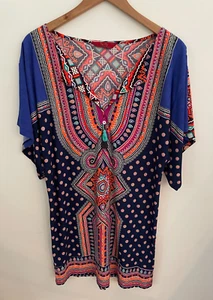 TIGERLILY Rabari Printed Kaftan Size M Boho Beach Mini Dress Stretch Tassel - Picture 1 of 8