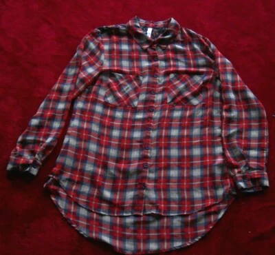 Womens M Xhilaration Sheer Plaid Floral Button Down Roll Tab Sleeve Shirt Bust42 - Image 1 of 4