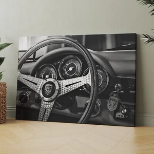 Porsche 911 Dashboard Wheel Vintage Classic Cars Retro Canvas Wall Art Print - Picture 1 of 7