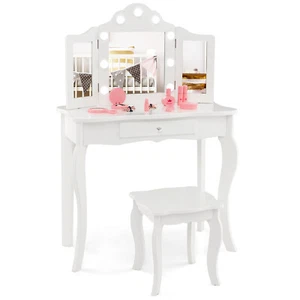 Kids Vanity Makeup Table Stool Set w/9 3-Color LED Lights & Detachable Top White - Picture 1 of 8