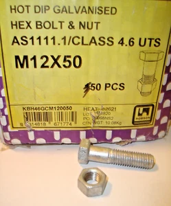 M12 x 50mm Hex Head Bolt & Nut HDG, QTY of 50 - Picture 1 of 5