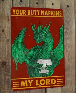 Letrero de baño póster de metal de mi señor servilletas de dragón verde tu trasero - Imagen 1 de 2