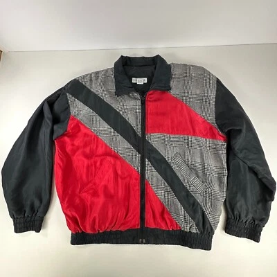 Chaqueta De Colección Oleg Cassini Grande Bloque de Color Seda Rojo Negro Gris Cremallera Completa Geométrica Foto 1 de 4