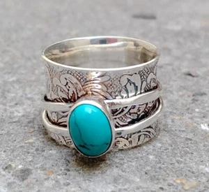 Turquoise 925 Sterling Silver Band& Spinner Ring Handmade ring All Size-U-49 - Picture 1 of 12