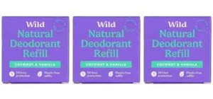 3xWILD Coconut & Vanilla Plastic FREE Natural 24 hour Deodorant Refill 40g - Picture 1 of 1