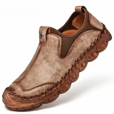 Sapatos casuais masculinos de couro sintético feitos à mão sapatos de caminhada planos macios - Imagem 1 de 4