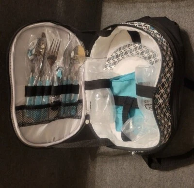 Insulated Wine Picnic/Tailgate Tote For 2, Flatware, Plates, Glasses, Napkin-NEW - Imagem 1 de 4