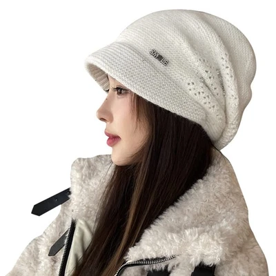 Slouchy Knit Beanie with Brim Visor Bill Fancy Chemo Cap Winter Baggy Hats Wo... - Image 1 of 4