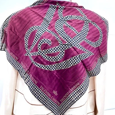 Mini bufanda/bandana vintage Valentino Garavani 22" algodón/seda burgendy negra (45 Foto 1 de 4