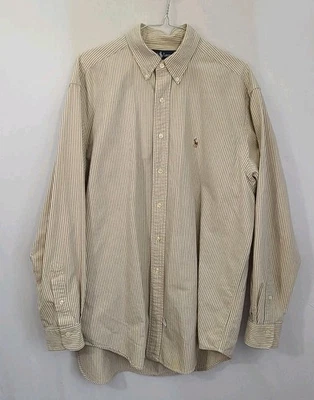 Camisa Oxford Masculina Ralph Lauren L Azul PinStripe Carne Pônei Ajuste Clássico 16 1/2-35 - Imagem 1 de 4