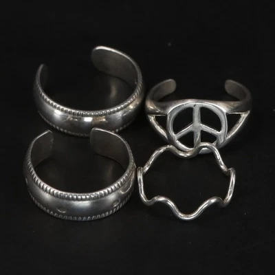 Plata de Ley - Lote de 4 Anillos Sólidos Ajustables Ondulados Signo de la Paz Surtidos - 10g Foto 1 de 4