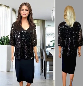 STUDIO 8 BY PHASE EIGHT DRESS UK 20 BLACK JERSEY+SEQUINED OVERLAY KNEE LENGTH #8 - Picture 1 of 10