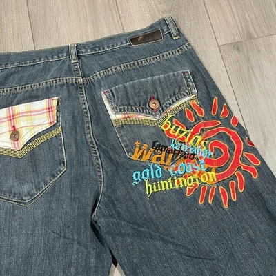 Vtg Request Denim Jean Shorts Mens Size 36 Baggy Heavy Embroidery Skate Grunge - Image 1 of 4