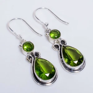 Peridot Gemstone Vintage Handmade 925 Sterling Silver Earrings 1.8" O118 - Picture 1 of 6