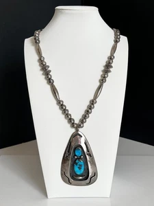 VTG Heavy Navajo Sterling Silver Shadowbox Kingman Turquoise Pendant Necklace25" - Picture 1 of 6