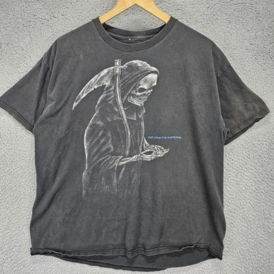 Camisa De Colección Skeleton Reaper Y2K L Negra Ángel de la Muerte Guadaña Gótica Desteñida Foto 1 de 4