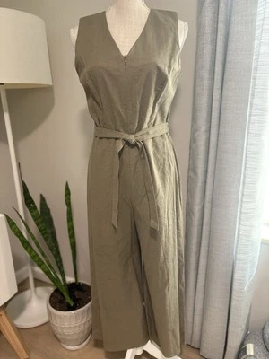 NEW Tahari Olive Linen Blend Sleeveless V-Neck Belted Tie Waist $128 Jumpsuit 4 - Image 1 of 4